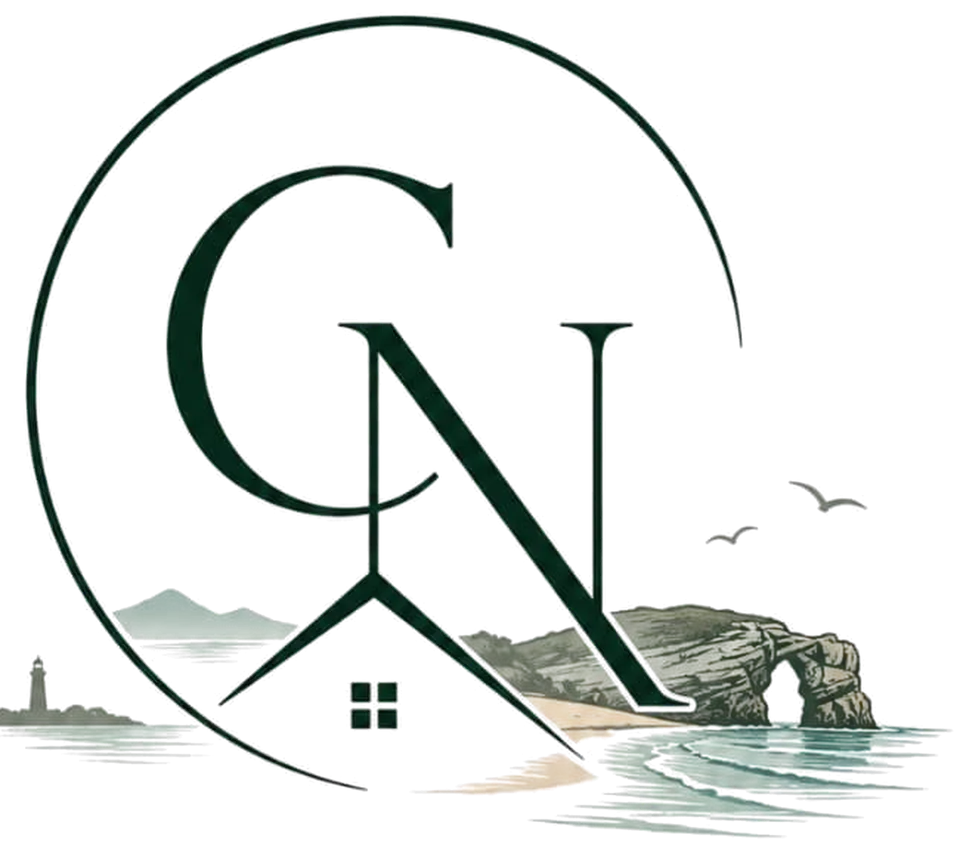Cobijo del Norte emblem in watercolour: monogram with a house, lighthouse and the Cantabrian coast